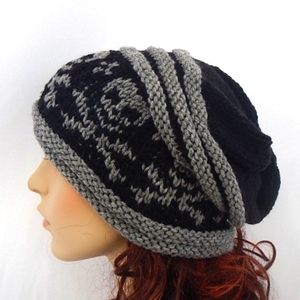 Unisex Hand Knit Black and Grey Skull Beanie